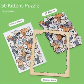   Puzzle din lemn de 50 bucăți, culori variate, design neregulat de câine, pisică, panda