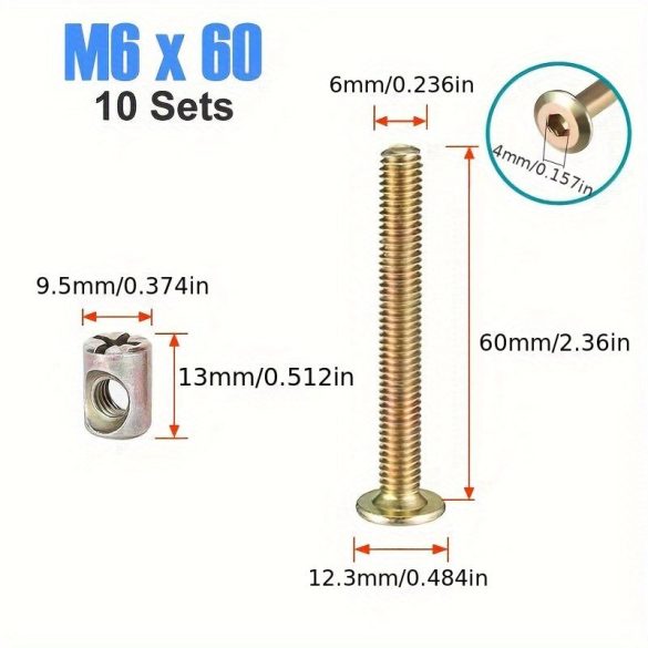Set de 10 șuruburi și piulițe pentru mobilă M6 de 6mm
