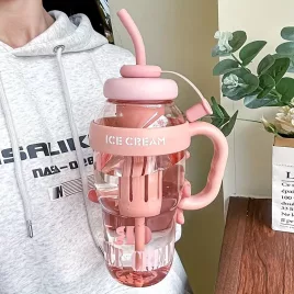   Sticlă sport din plastic de 1200 ml cu capacitate mare, cu mâner și pai
