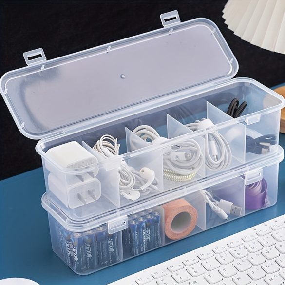 Cutie de depozitare din plastic transparent cu 5 compartimente și fixare cu tensionare