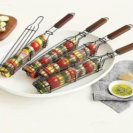 Coș Grătar Kebab din Oțel Inoxidabil cu Mâner din Lemn
