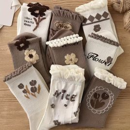   9 perechi de șosete de damă din bumbac cu model floral drăguț și margini confortabile rulante