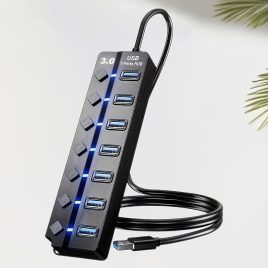   Hub USB 3.0, distribuitor cu 7 porturi, cu întrerupătoare independente de pornire/oprire și indicatoare LED