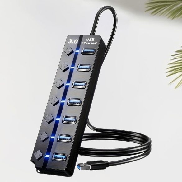 Hub USB 3.0, distribuitor cu 7 porturi, cu întrerupătoare independente de pornire/oprire și indicatoare LED