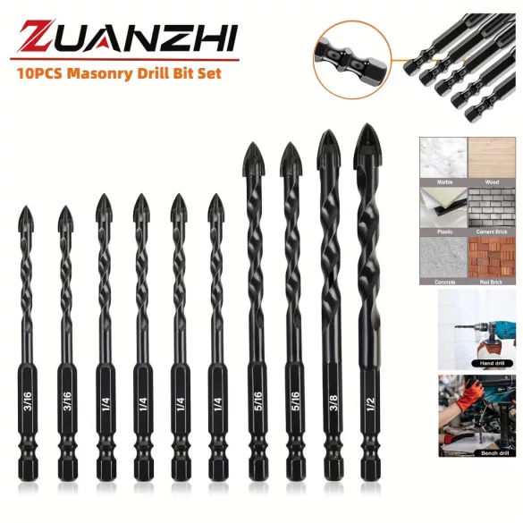 Set de 10 burghie multifuncționale cu vârfuri din carbură de tungsten