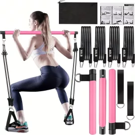   Set 8 piese - Set Bară Pilates cu 4 benzi de rezistență (63,5 kg) 8 piese roz【63,5 kg】