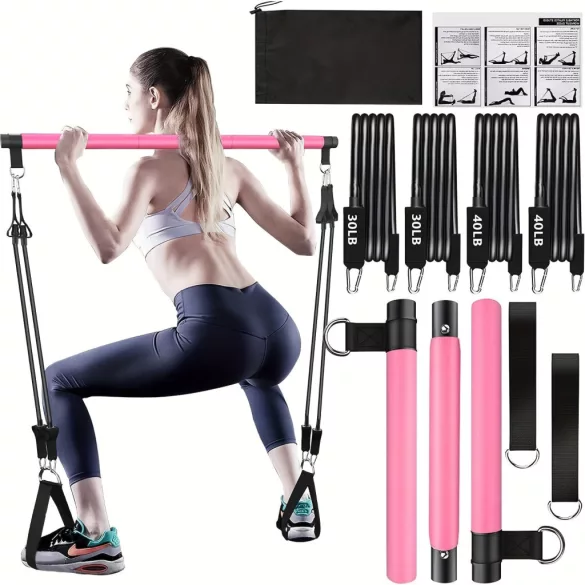 Set 8 piese - Set Bară Pilates cu 4 benzi de rezistență (63,5 kg) 8 piese roz【63,5 kg】