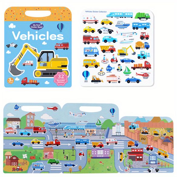 Carte cu autocolante reutilizabile, autocolante lavabile, cadou de Crăciun pentru adulți, cadou de Paște - iarnă, Anul Nou Vehicule