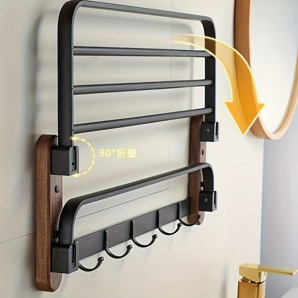 Suport elegant pentru prosoape din nuc de calitate superioară, cu aluminiu, montare pe perete, fără găuri pentru baie.