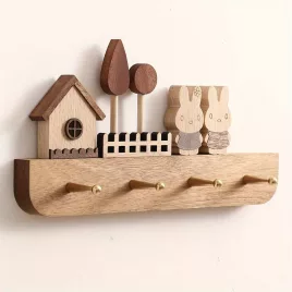   Primăvară-Vară-Toamnă Suport Decorativ de Perete pentru Paltoane și Chei cu Figurine de Iepuraș - Lemn Masiv Natural, Fără Găurire