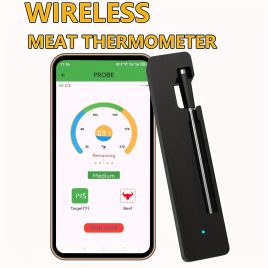   Termometru inteligent pentru carne fără fir cu conexiune wireless - Rază de acțiune de până la 99,97 metri, reîncărcabil prin USB, sondă metalică pentru BBQ și cuptor Plastic