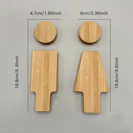   Placă Baie Nordică din Lemn, 16.0cm pentru Ușa WC Bărbați și Femei, Autocolantă Ușor de Instalare, Decorațiune WC Stil Japonez pentru Acasă și Birou Culoare Naturală - Lemn Masiv
