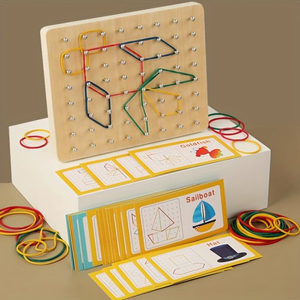 Geoboard educativ din lemn cu benzi de cauciuc