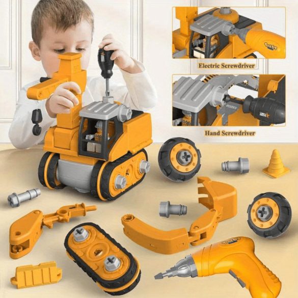 Set Model Vehicul Ingineresc 4-în-1 – Cu Excavator cu Pârtie, Asamblabil, În Cutie de Depozitare