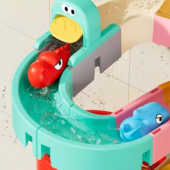 Set de joacă interactiv cu apă, cu piste de dinozauri, tobogane și cărămizi de construit