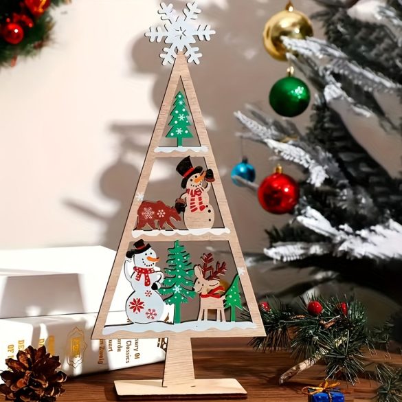 Decorațiuni 3D din lemn pentru brad cu Moș Crăciun, om de zăpadă, ren și elemente festive