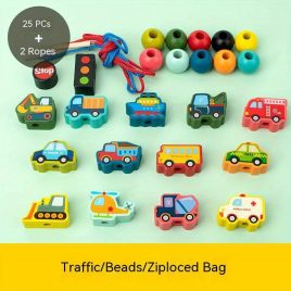 Joc educativ de înșirare mărgele din lemn