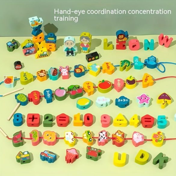 Joc educativ de înșirare mărgele din lemn