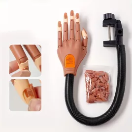   Mână manichiură de antrenament cu degete flexibile - Păpușă ajustabilă pentru practică decorare unghii, instrument hipoalergenic pentru tehnicieni de unghii cu clemă, include 100 de tipsuri pentru unghii pentru începători și profesioniști