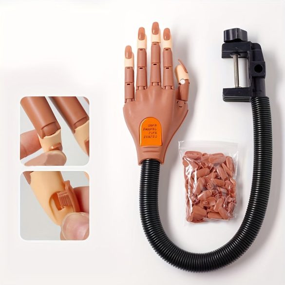 Mână manichiură de antrenament cu degete flexibile - Păpușă ajustabilă pentru practică decorare unghii, instrument hipoalergenic pentru tehnicieni de unghii cu clemă, include 100 de tipsuri pentru unghii pentru începători și profesioniști