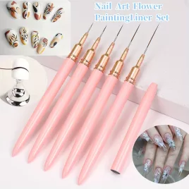   5 Pensule Nail Art Roz/Negru pentru Detalii, Pensule Lungi pentru Linii Nail Art, Manichiură Gel pentru Modele Fine