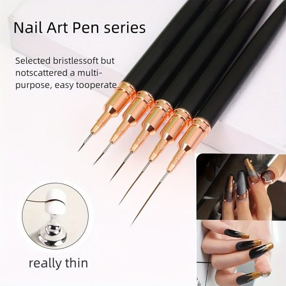 5 Pensule Nail Art Roz/Negru pentru Detalii, Pensule Lungi pentru Linii Nail Art, Manichiură Gel pentru Modele Fine