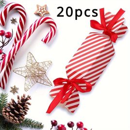  20 cutii cadou de Crăciun cu bomboane roșii în dungi cu panglici
