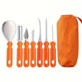  Set cuțite pentru sculptat dovleci din oțel inoxidabil, 7 piese, cu geantă de depozitare - Perfect pentru decor de Halloween