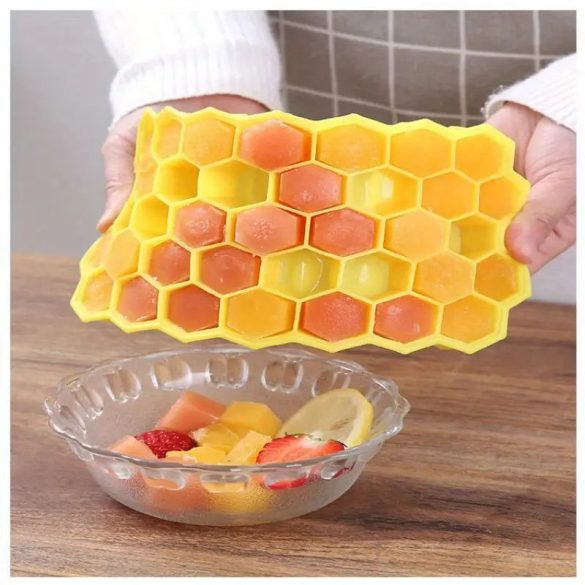 tavă hexagonală pentru cuburi de gheață cu capac, formă flexibilă din silicon cu 37 de cavități