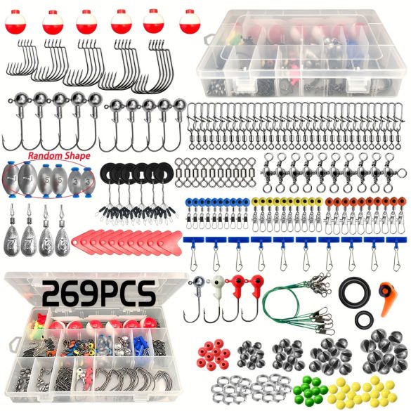 Set de pescuit cu 187 de piese - Cu cutie de accesorii, cârlige, componente pentru momeală, plumbi
