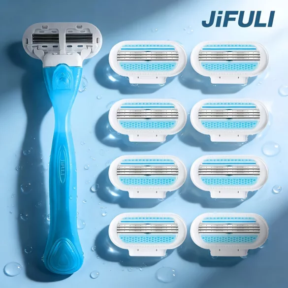 JIFULI aparat de ras pentru femei cu capete interschimbabile, lame din oțel inoxidabil cu 3 straturi - Mâner + 8 lame