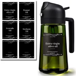   473 ml sticlă premium verde închis pentru ulei și spray de gătit, 2 în 1, 6 etichete Capac negru