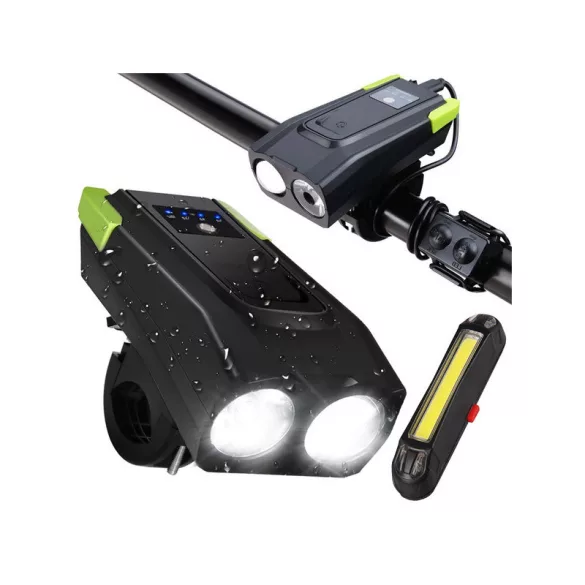 Lumină puternică pentru bicicletă față LED, spate, cu contor și baterie 2în1