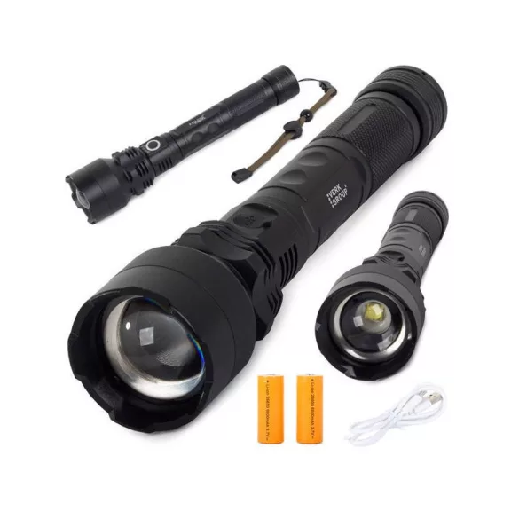 Lanternă LED tactică puternică XHP50 cu zoom și conexiune USB.