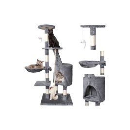  Stâlp pentru zgâriat pisici 118 cm, gri, cu culcuș, jucării, ascuțitor de gheare, pluș