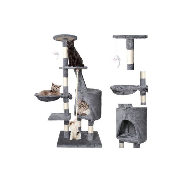 Stâlp pentru zgâriat pisici 118 cm, gri, cu culcuș, jucării, ascuțitor de gheare, pluș